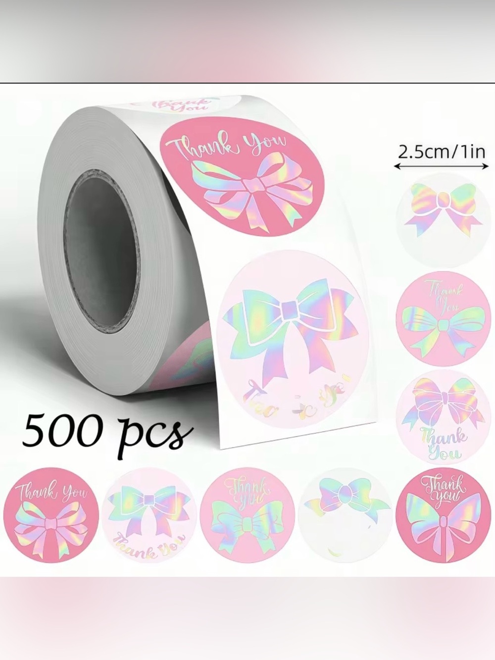 Holographic Bow Thank You Stickers 1” 
500 Count Round Pink Packaging Seals